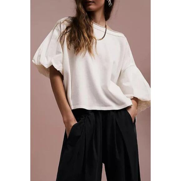 We The Free Tops - We The Free People Oversized Puff Short Sleeves Blossom Tee Shirt Women XS White